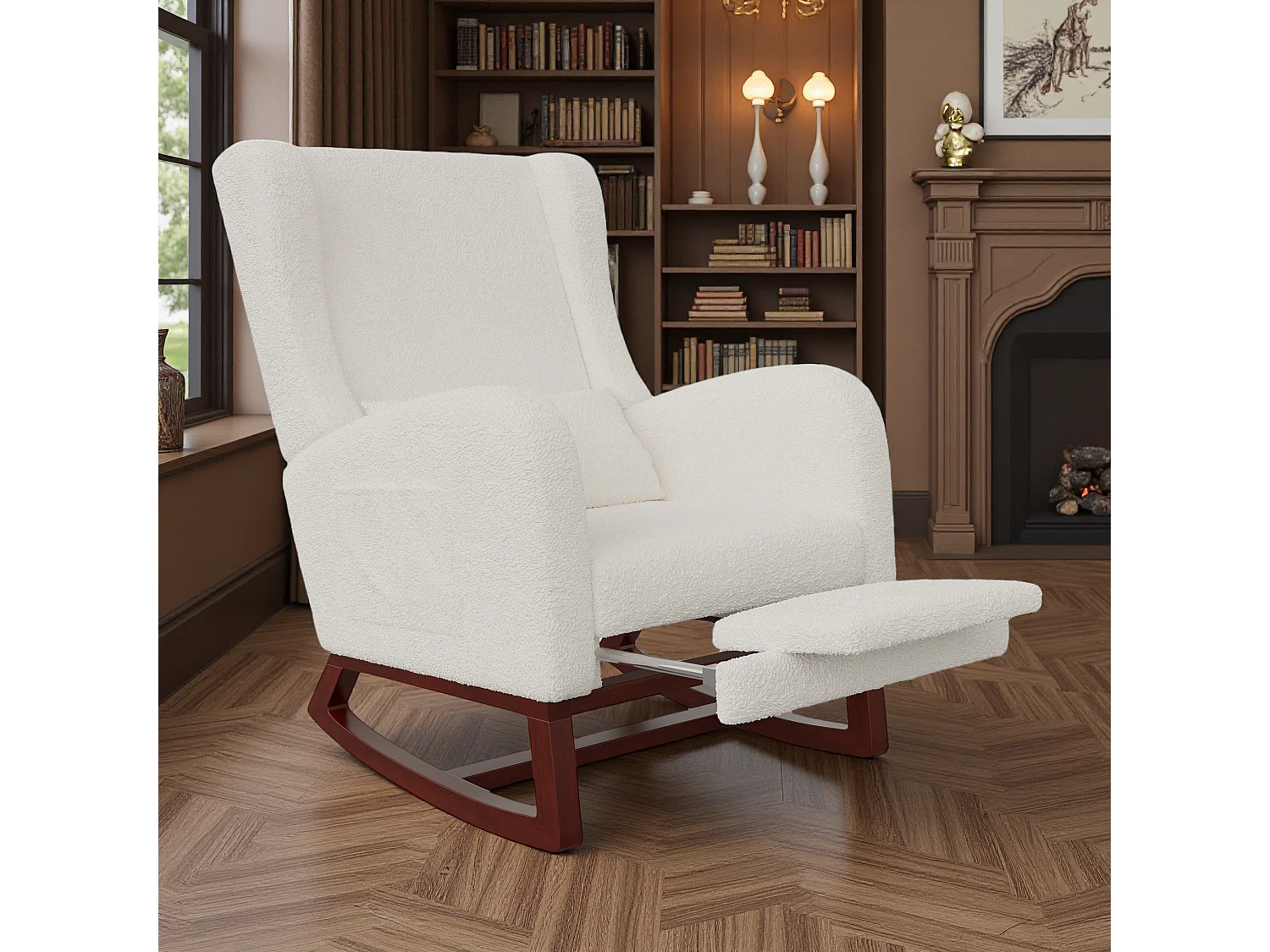 Fauteuil à bascule blanc cassé en tissu effet velours avec repose-jambes extensible, poches latérales et coussin inclus