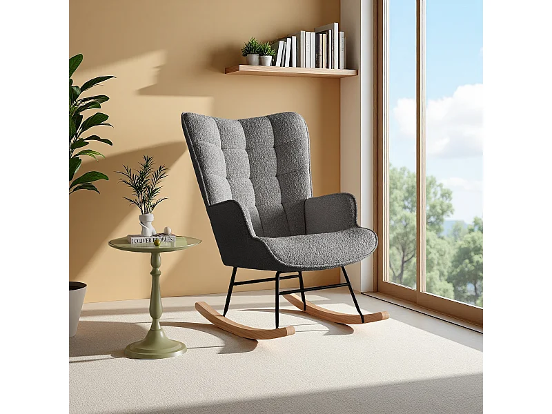 Fauteuil à bascule en tissu teddy gris avec dossier capitonné, design cosy et moderne pour salon ou chambre