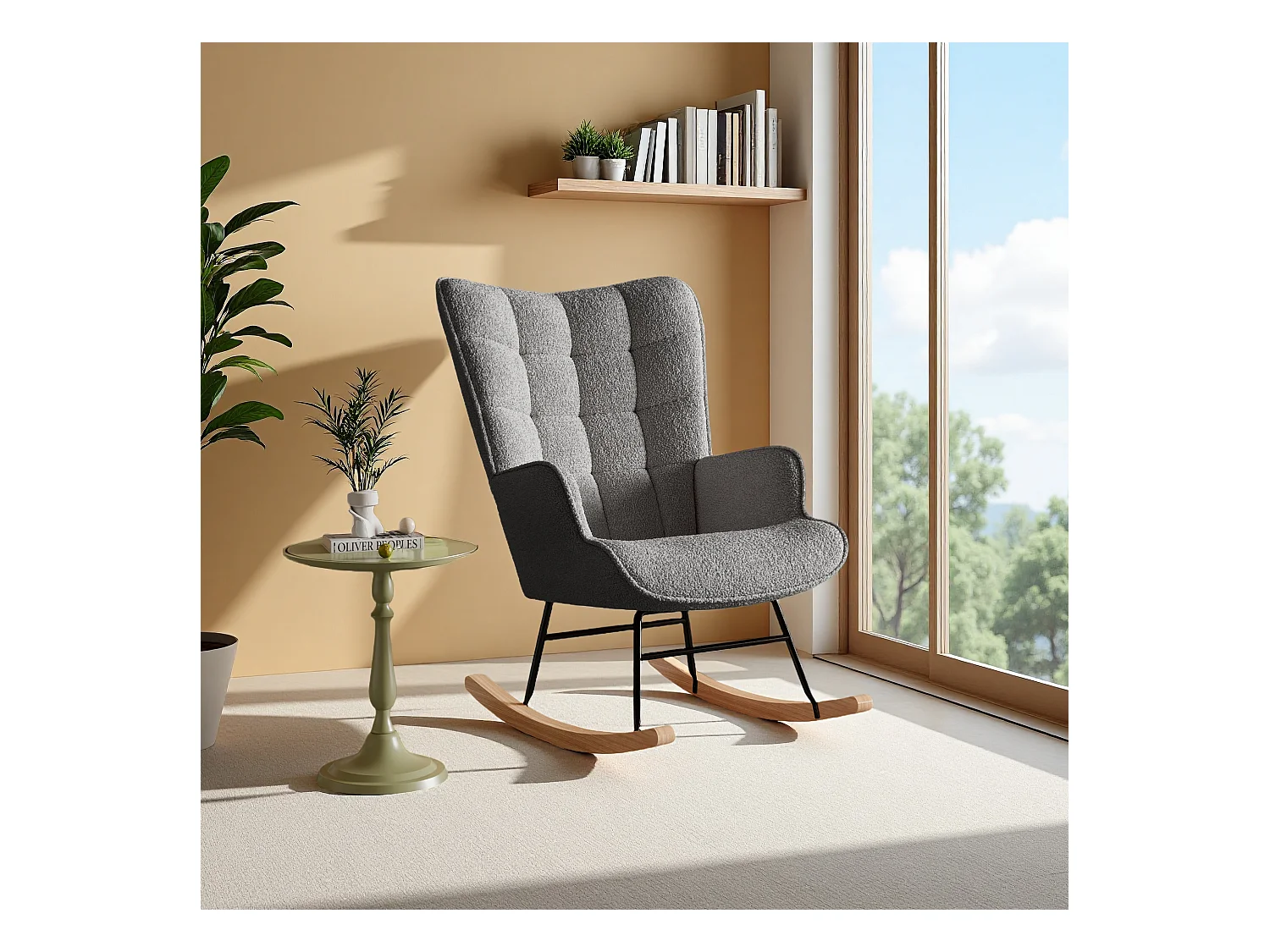 Cadeira de balanço em tecido Teddy cinza com encosto tufado, design aconchegante e moderno para sala de estar ou quarto