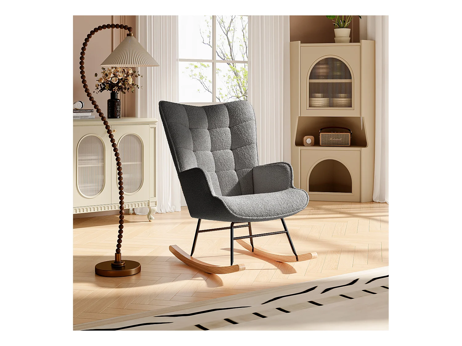 Cadeira de balanço em tecido Teddy cinza com encosto tufado, design aconchegante e moderno para sala de estar ou quarto