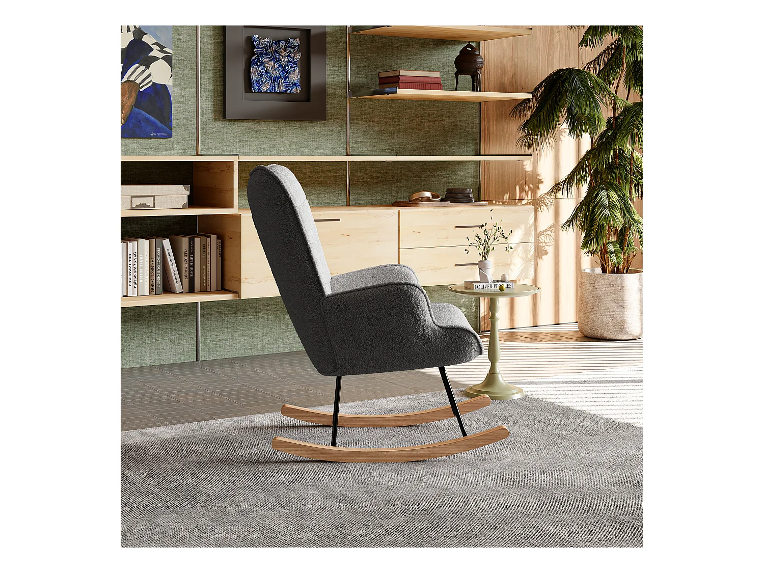 Cadeira de balanço em tecido Teddy cinza com encosto tufado, design aconchegante e moderno para sala de estar ou quarto