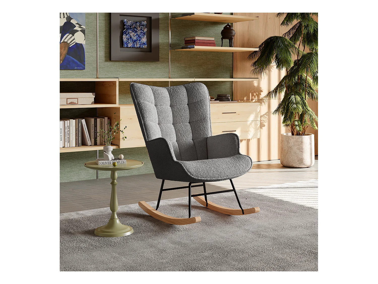 Cadeira de balanço em tecido Teddy cinza com encosto tufado, design aconchegante e moderno para sala de estar ou quarto