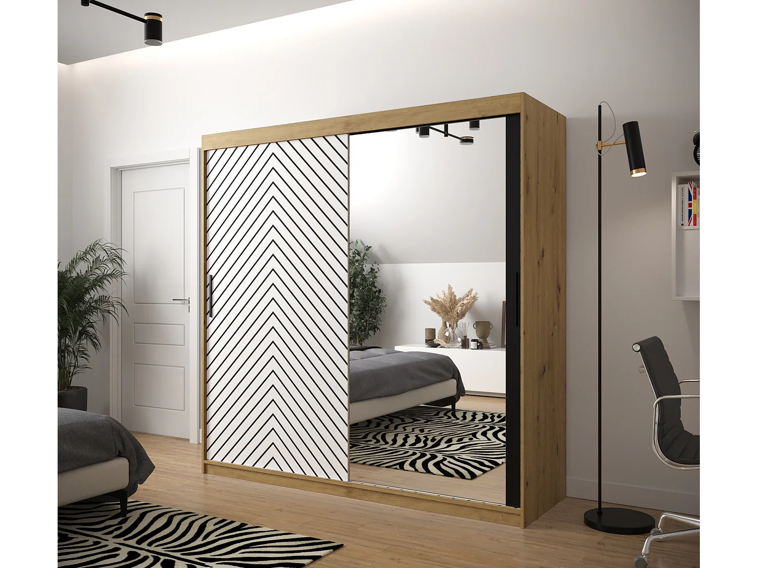 Schwebetürenschrank Jodełka 2 200/200/62 2-Türig (Artisan/Weiß)