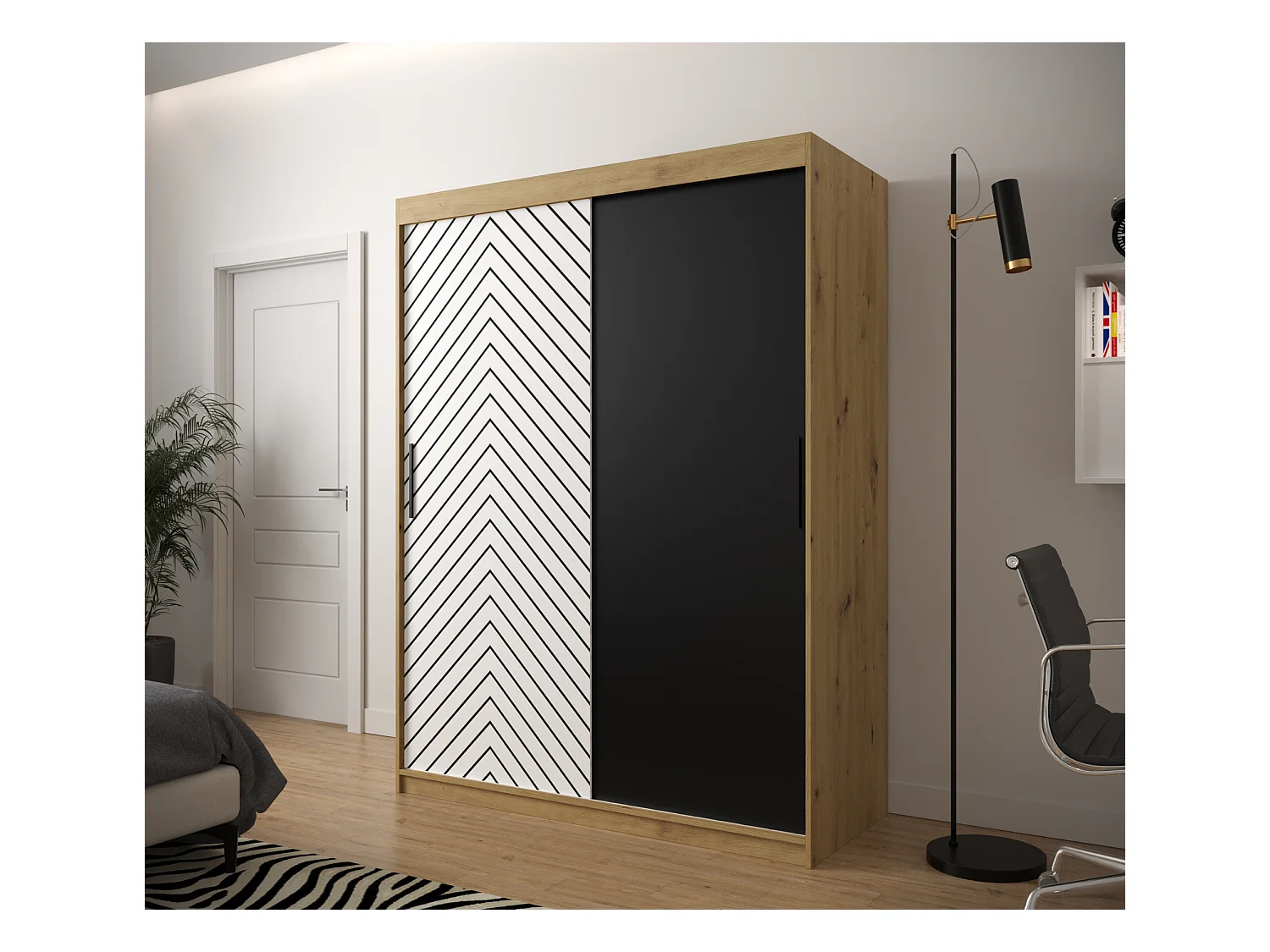 Armoire à portes coulissantes Jodełka 200/150/62 2 portes (Artisan/Blanc)