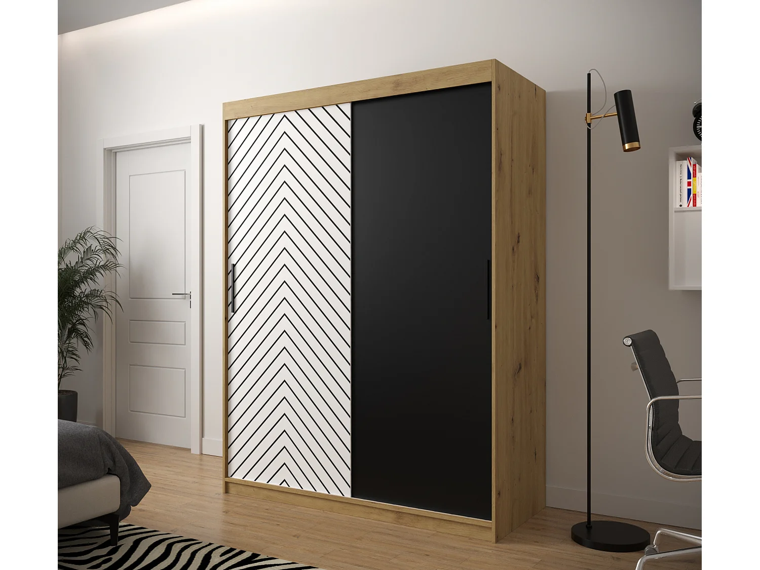 Armoire à portes coulissantes Jodełka 200/150/62 2 portes (Artisan/Blanc)