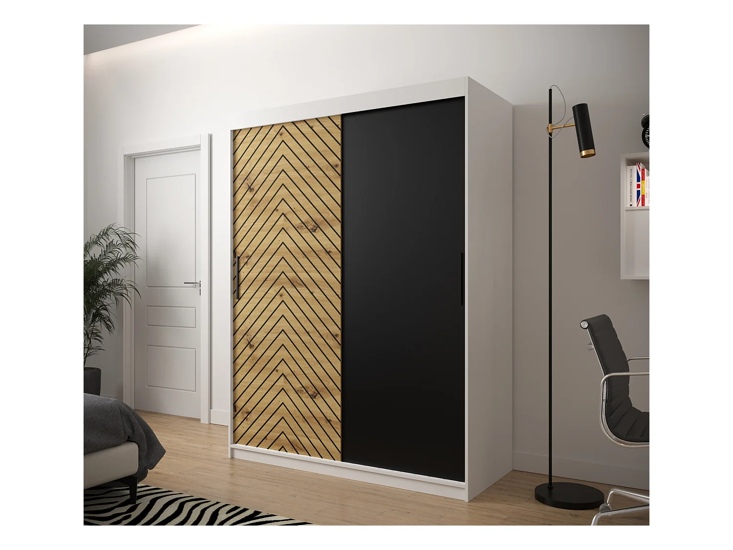 Armoire à portes coulissantes Jodełka 200/150/62 2 portes (Blanc/Artisan)