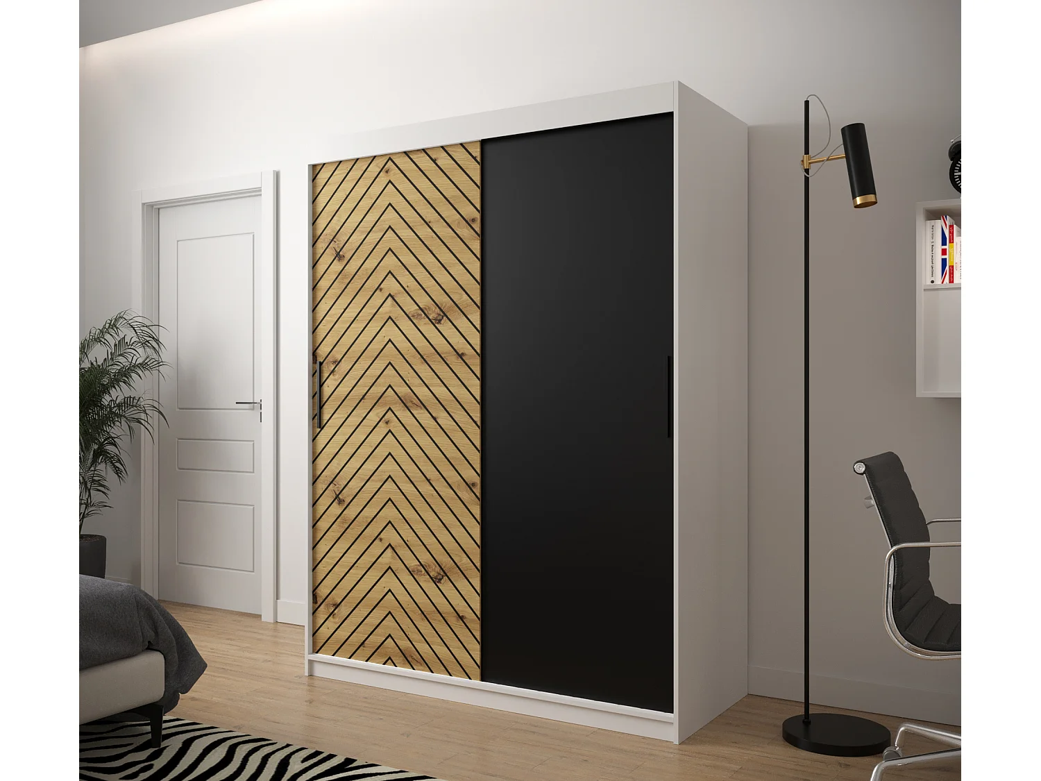 Armoire à portes coulissantes Jodełka 200/150/62 2 portes (Blanc/Artisan)