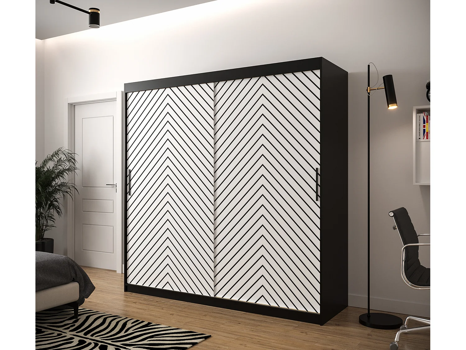 Armoire à portes coulissantes Jodełka 1 200/200/62 2 portes (Noir/Blanc)