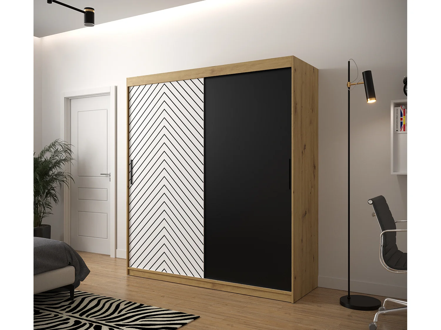 Schwebetürenschrank Jodełka 200/180/62 2-Türig (Artisan/Weiß)