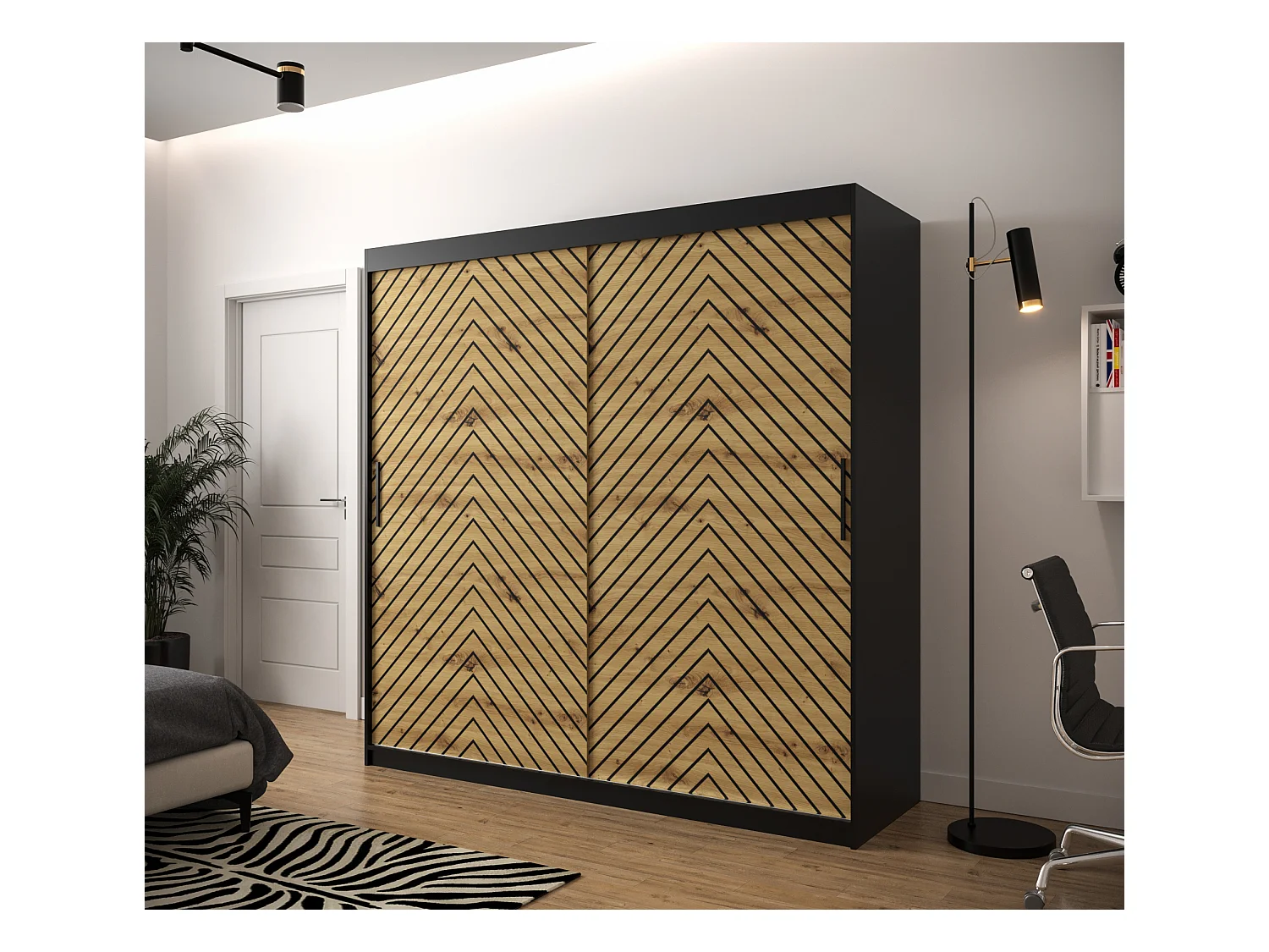 Schwebetürenschrank Jodełka 1 200/200/62 2-Türig (Schwarz/Artisan)