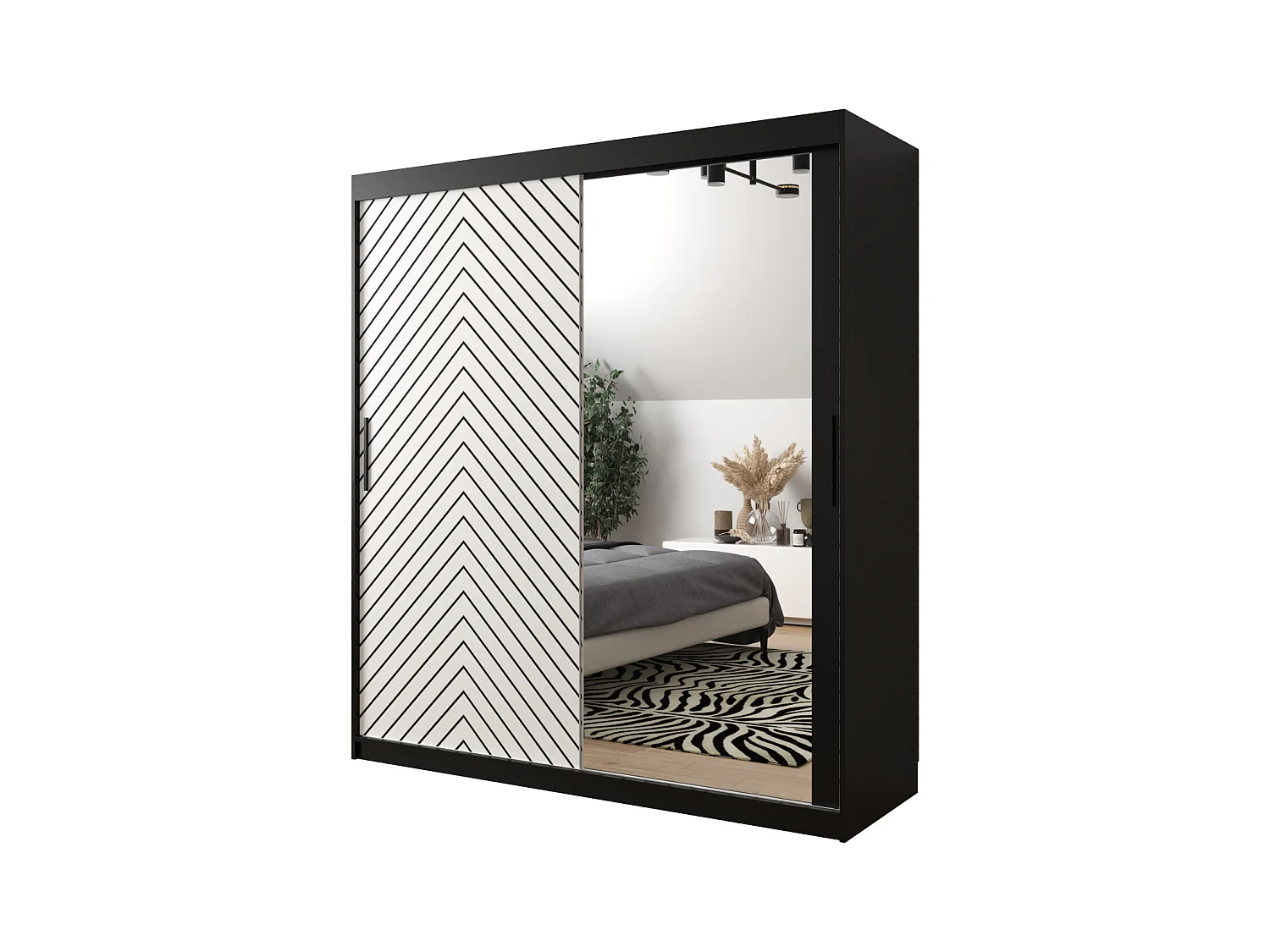 Schwebetürenschrank Jodełka 2 200/180/62 2-Türig (Schwarz/Weiß)
