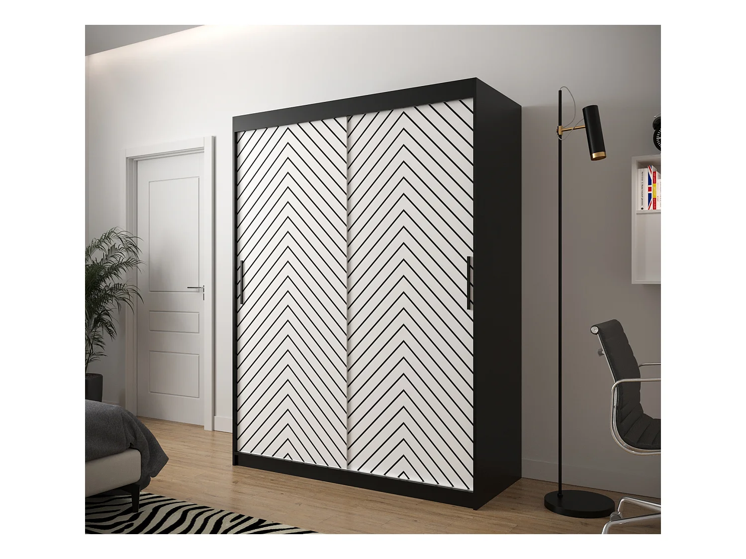 Schwebetürenschrank Jodełka 1 200/150/62 2-Türig (Schwarz/Weiß)