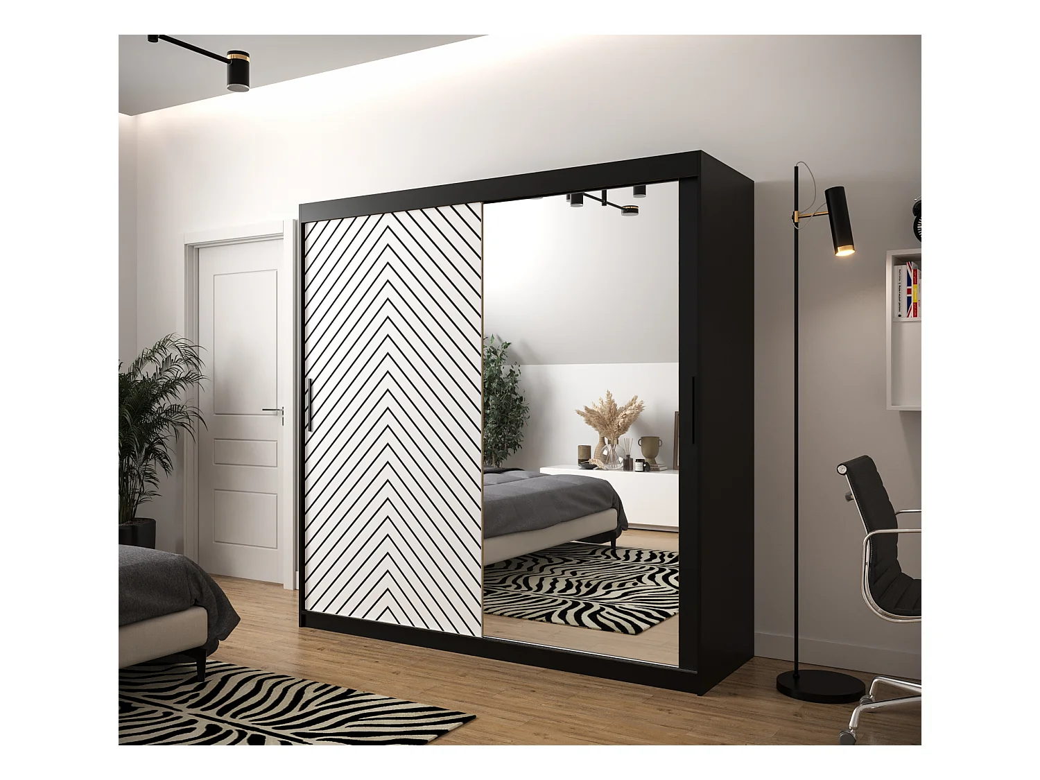 Schwebetürenschrank Jodełka 2 200/200/62 2-Türig (Schwarz/Weiß)