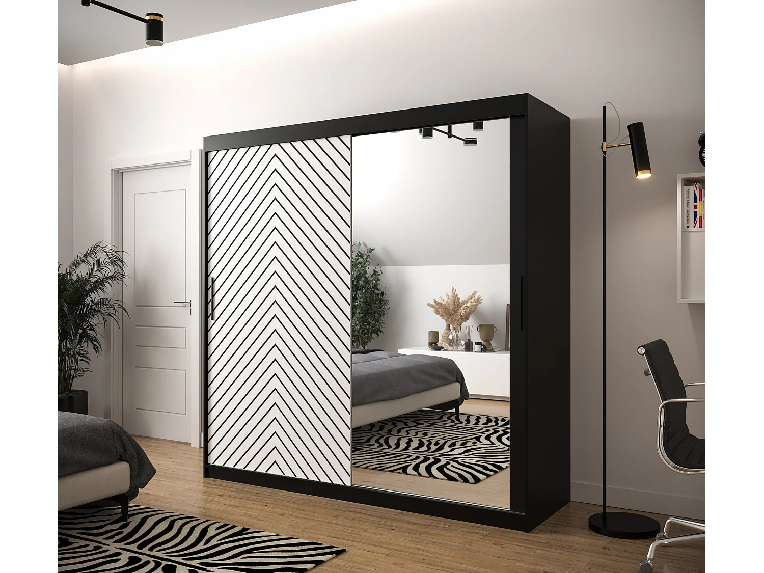 Schwebetürenschrank Jodełka 2 200/200/62 2-Türig (Schwarz/Weiß)