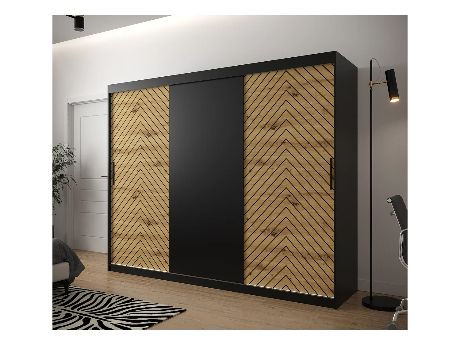 Armoire à portes coulissantes Jodełka 200/250/62 3 portes (Noir/Artisan)