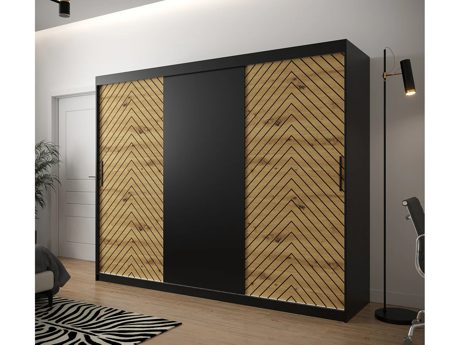 Armoire à portes coulissantes Jodełka 200/250/62 3 portes (Noir/Artisan)