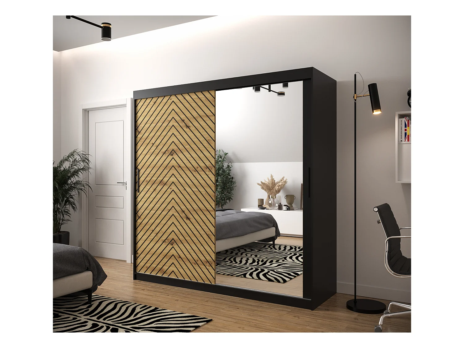 Schwebetürenschrank Jodełka 2 200/200/62 2-Türig (Schwarz/Artisan)