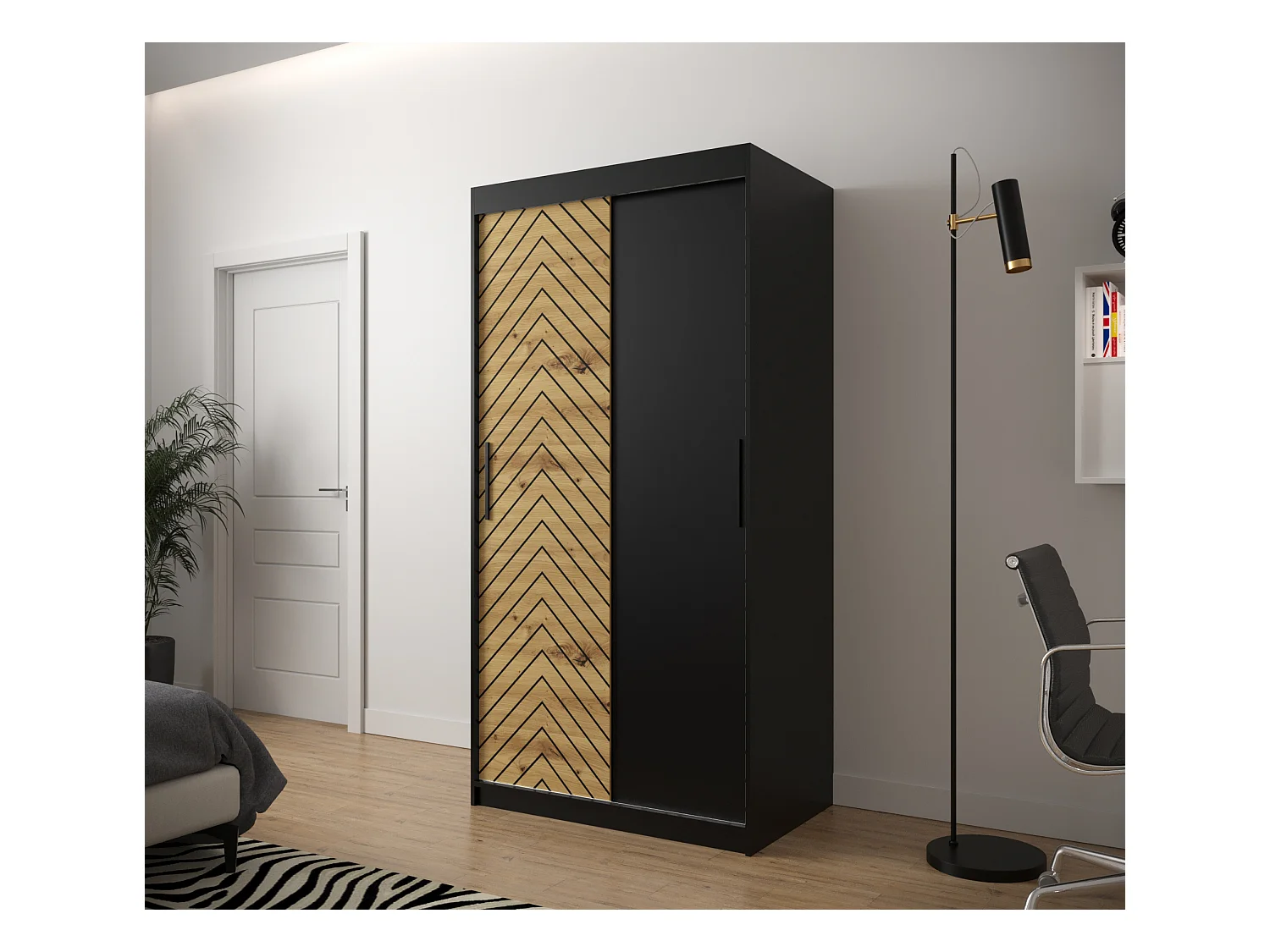 Schwebetürenschrank Jodełka 200/100/62 2-Türig (Schwarz/Artisan)