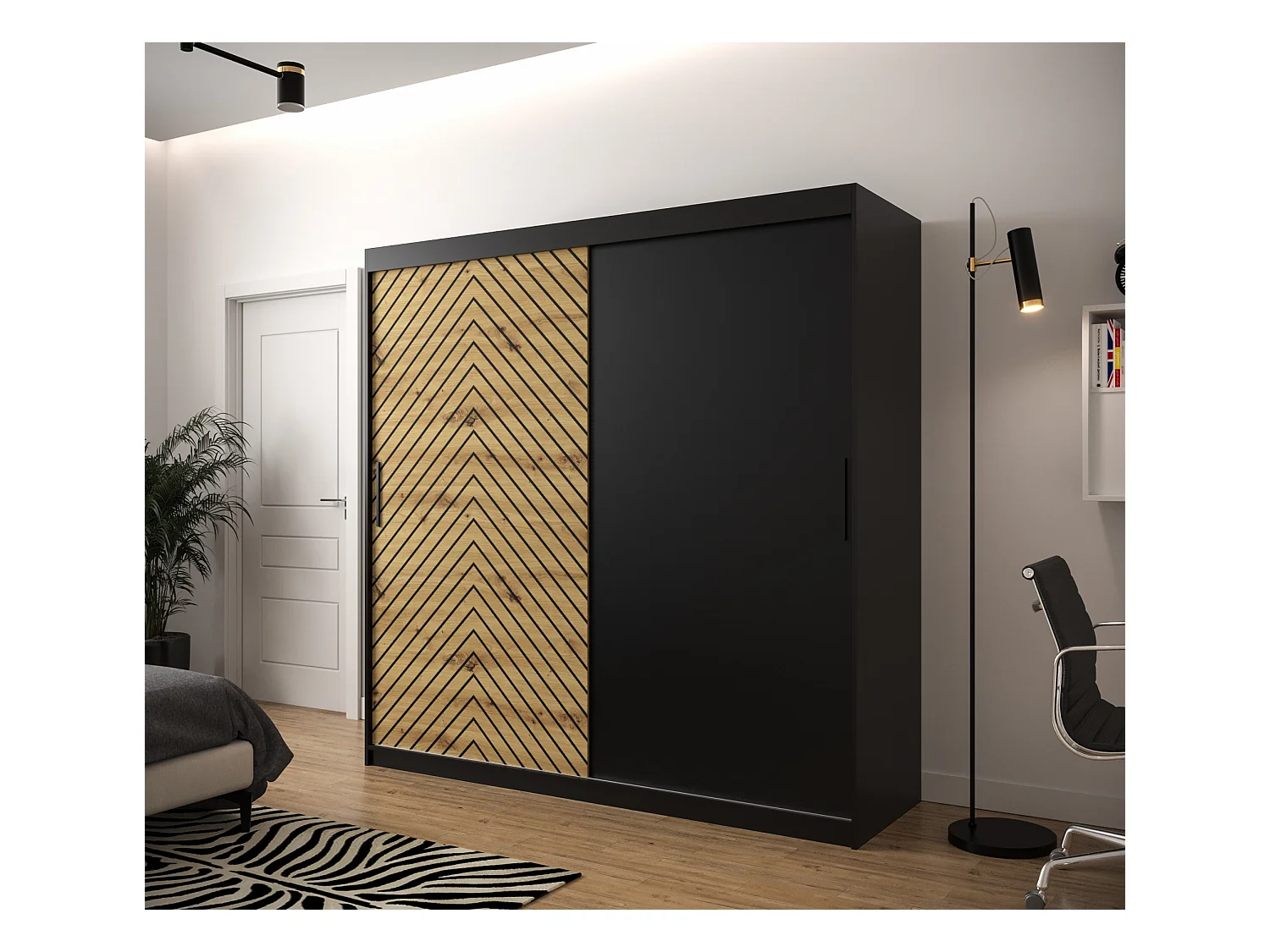 Armoire à portes coulissantes Jodełka 200/200/62 2 portes (Noir/Artisan)