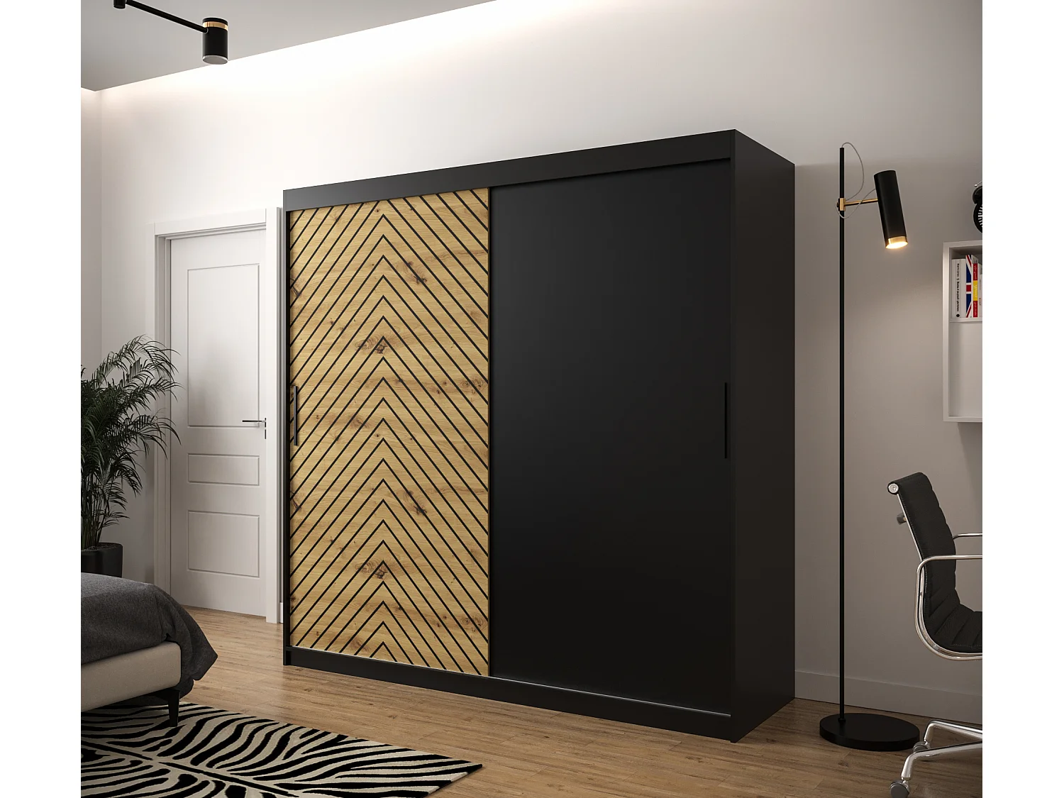 Armoire à portes coulissantes Jodełka 200/200/62 2 portes (Noir/Artisan)