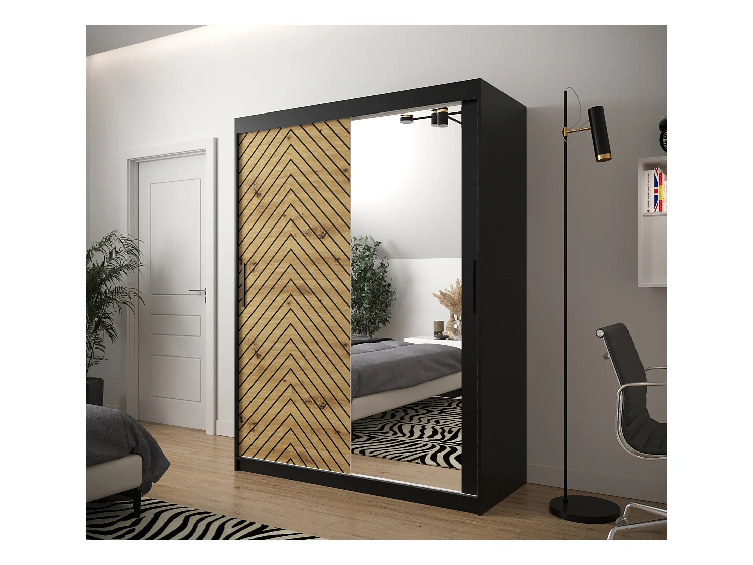 Schwebetürenschrank Jodełka 2 200/150/62 2-Türig (Schwarz/Artisan)