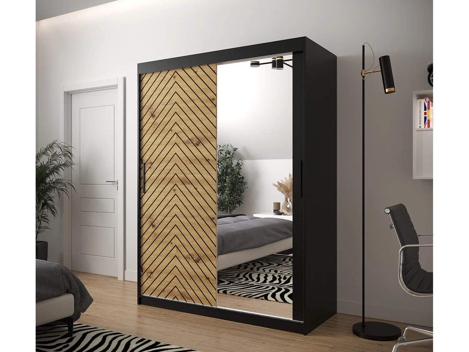 Schuifdeurkast Jodełka 2 200/150/62 2 deuren (Zwart/Artisan)