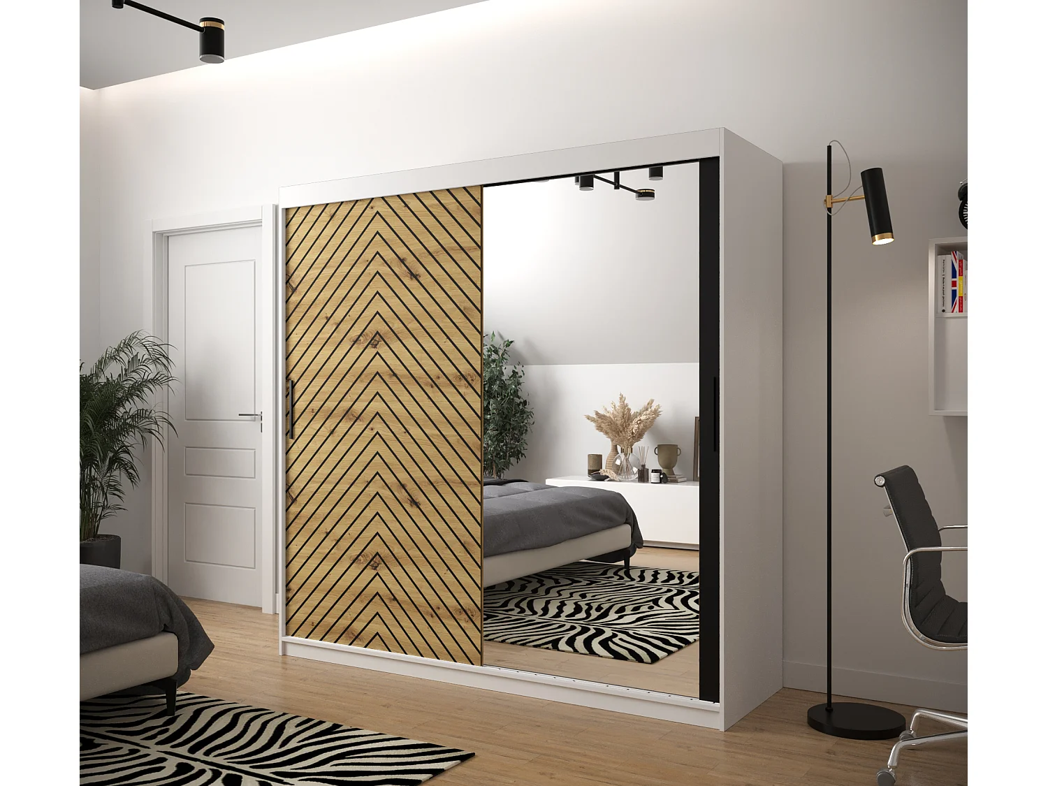 Schwebetürenschrank Jodełka 2 200/200/62 2-Türig (Weiß/Artisan)