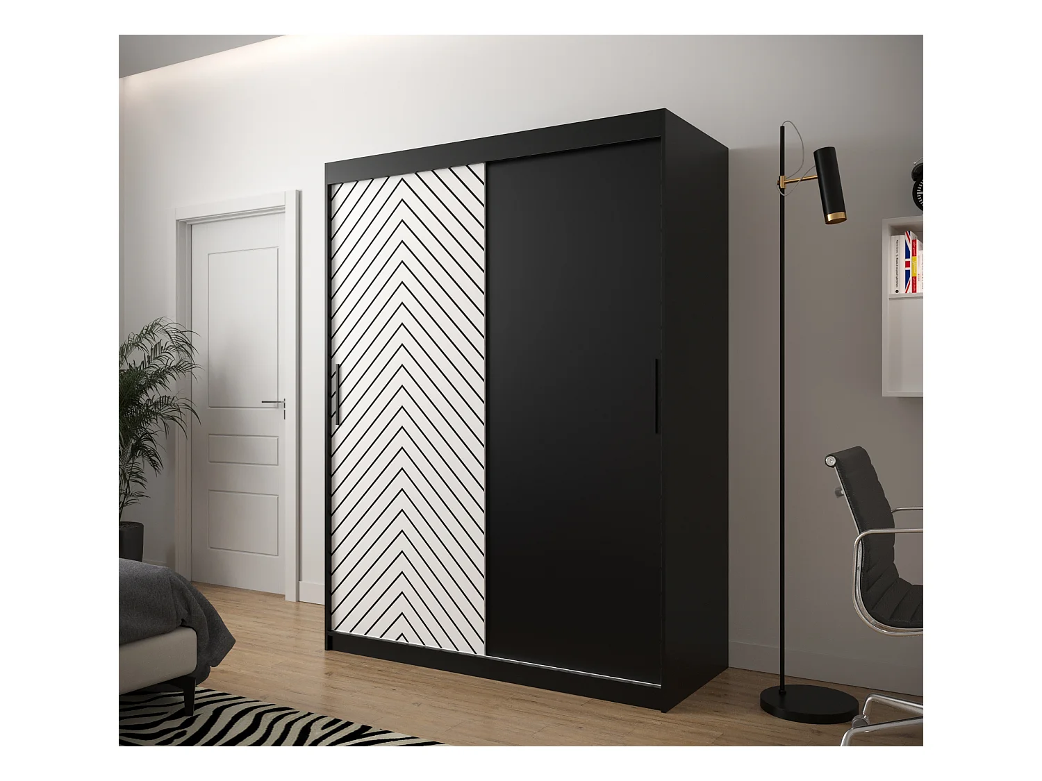 Armoire à portes coulissantes Jodełka 200/150/62 2 portes (Noir/Blanc)