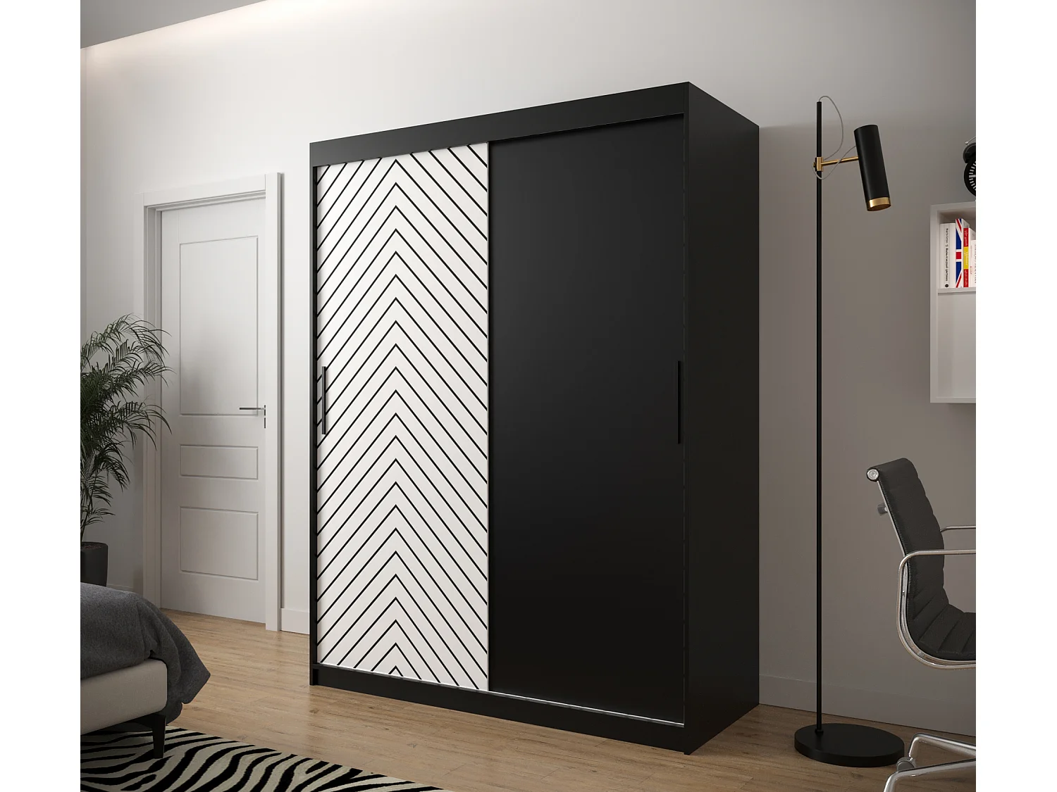 Armoire à portes coulissantes Jodełka 200/150/62 2 portes (Noir/Blanc)