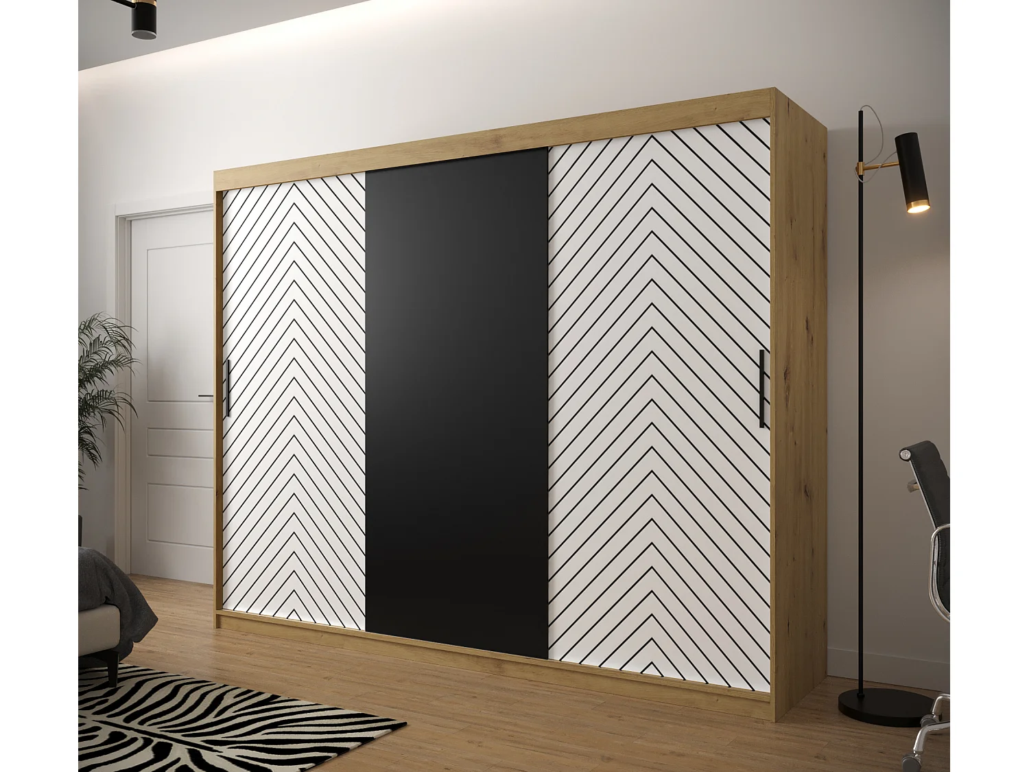 Armoire à portes coulissantes Jodełka 200/250/62 3 portes (Artisan/Blanc)