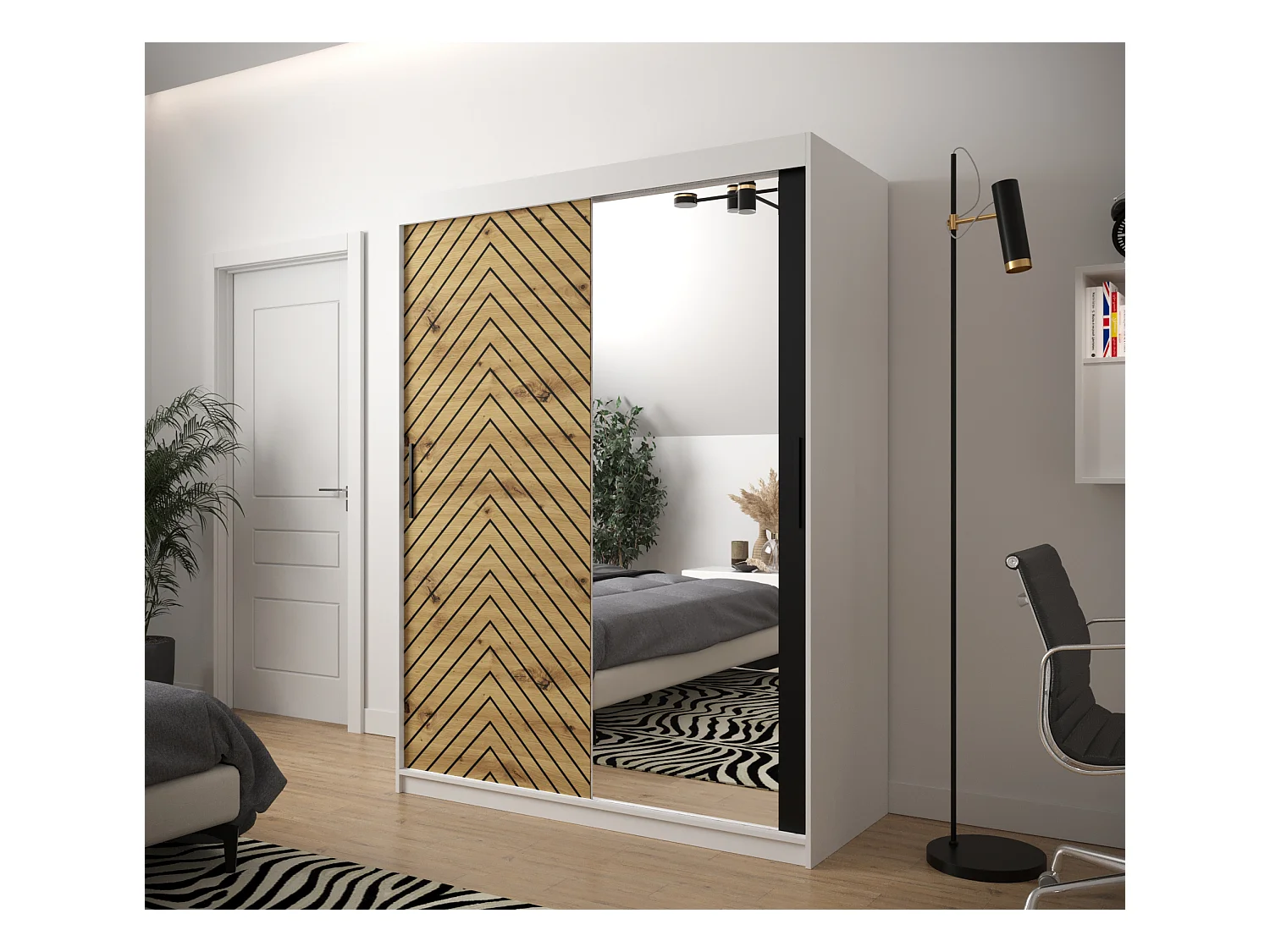 Schwebetürenschrank Jodełka 2 200/150/62 2-Türig (Weiß/Artisan)