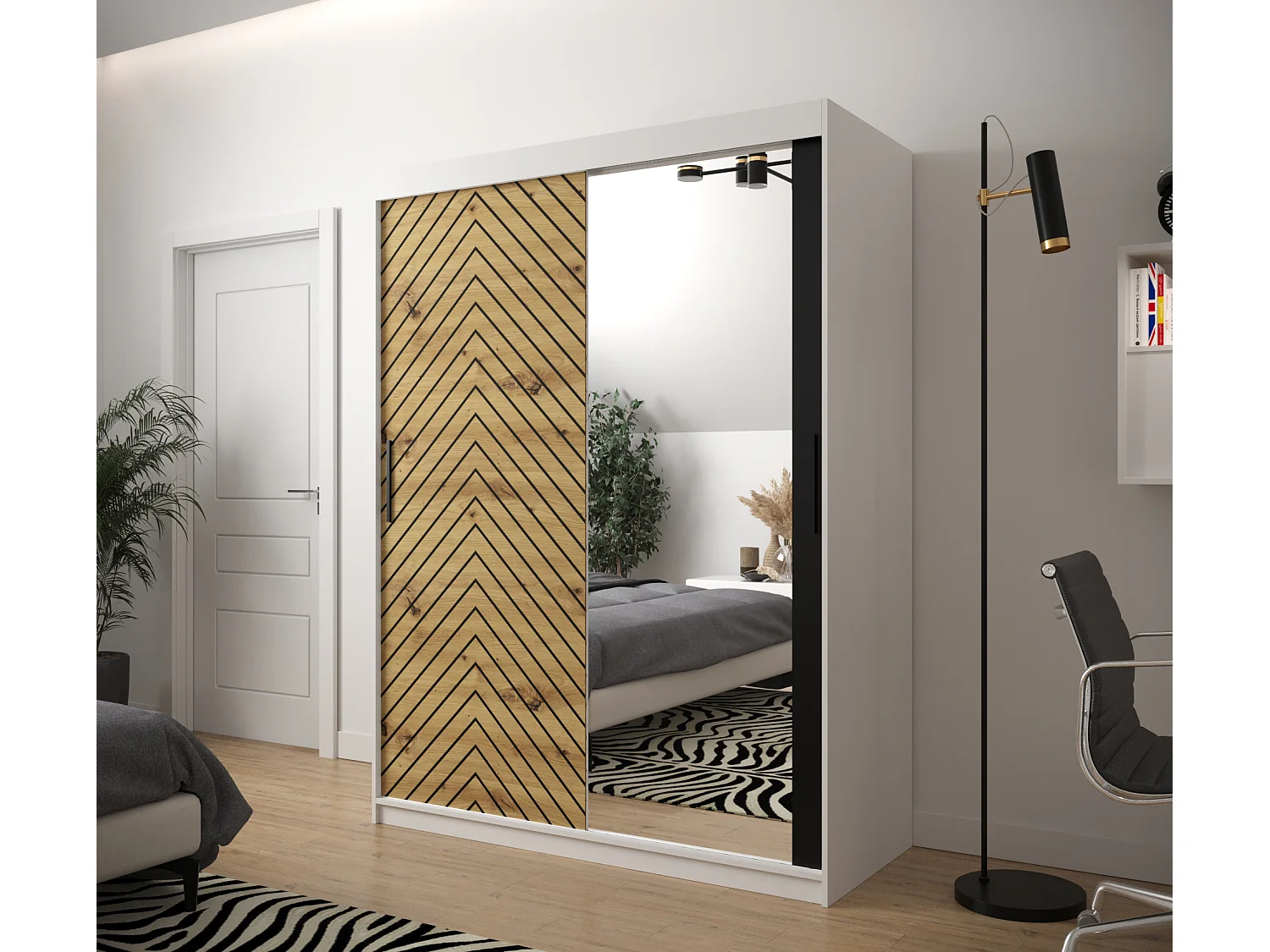 Schwebetürenschrank Jodełka 2 200/150/62 2-Türig (Weiß/Artisan)