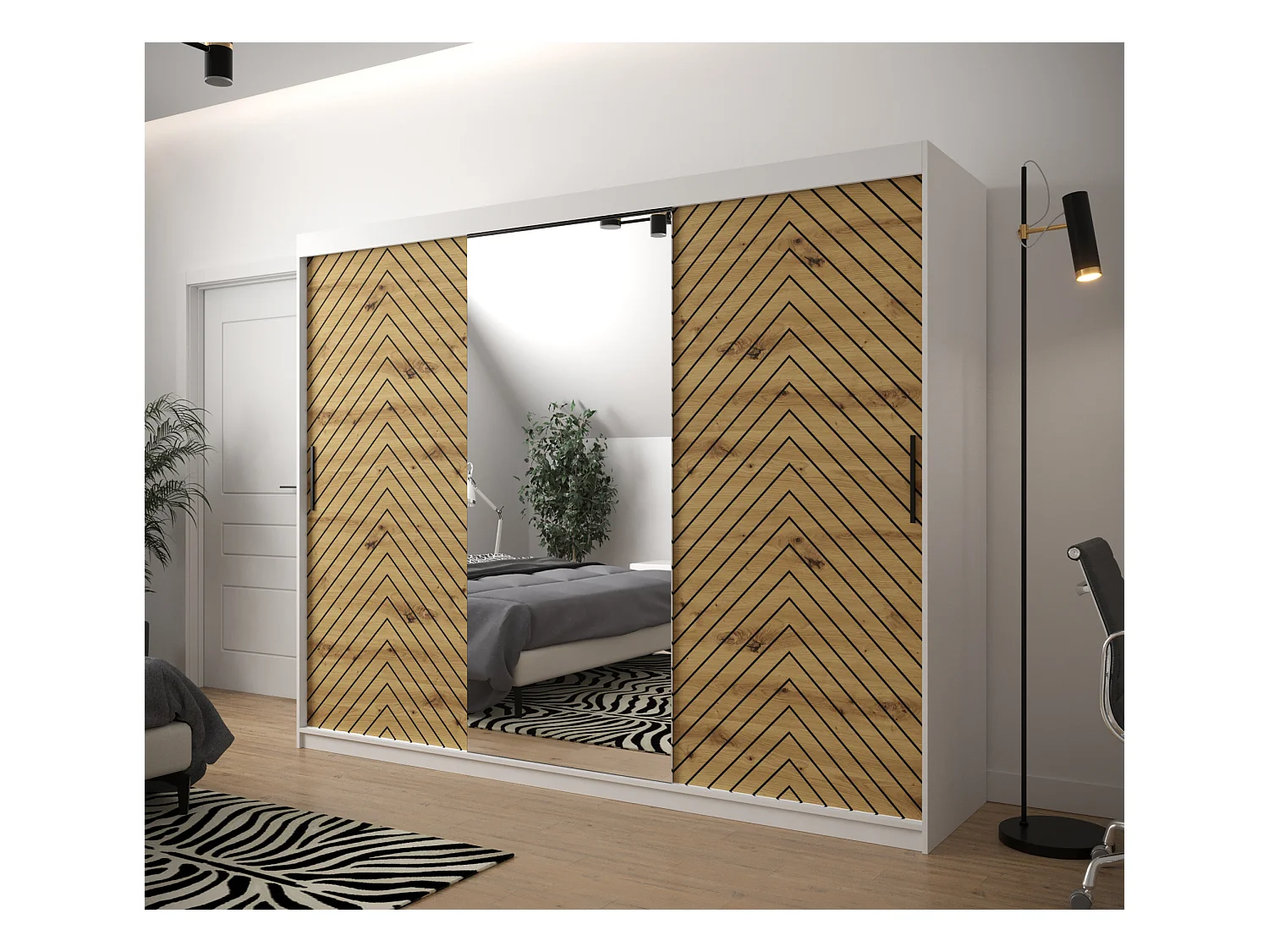 Schuifdeurkast Jodełka 2 200/250/62 3 deuren (Wit/Artisan)