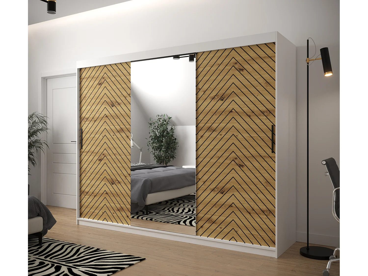 Armoire à portes coulissantes Jodełka 2 200/250/62 3 portes (Blanc/Artisan)