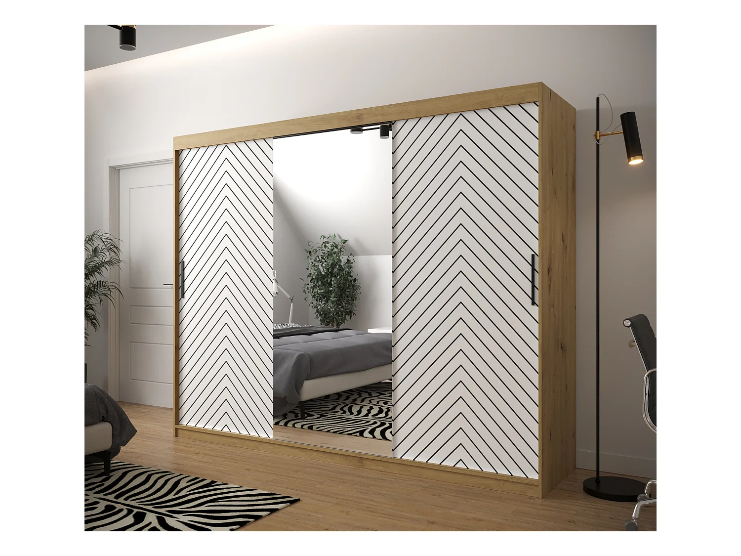 Armoire à portes coulissantes Jodełka 2 200/250/62 3 portes (Artisan/Blanc)