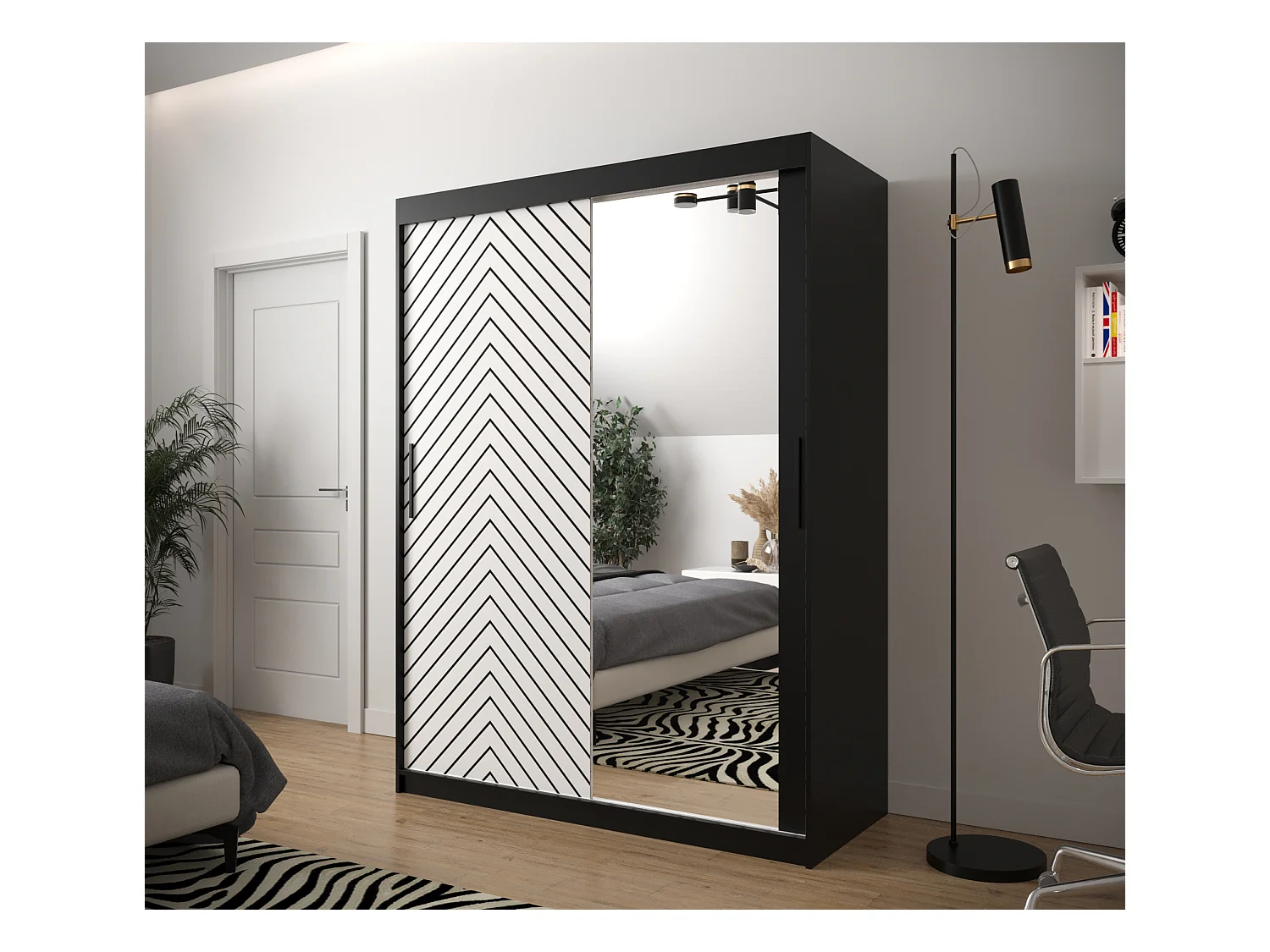 Armoire à portes coulissantes Jodełka 2 200/150/62 2 portes (Noir/Blanc)