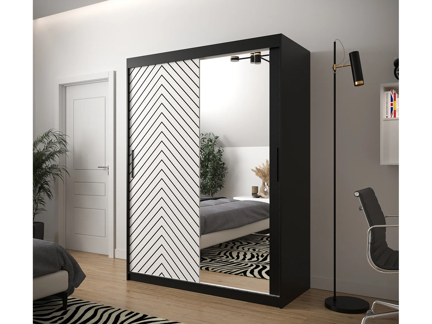 Schuifdeurkast Jodełka 2 200/150/62 2 deuren (Zwart/Wit)