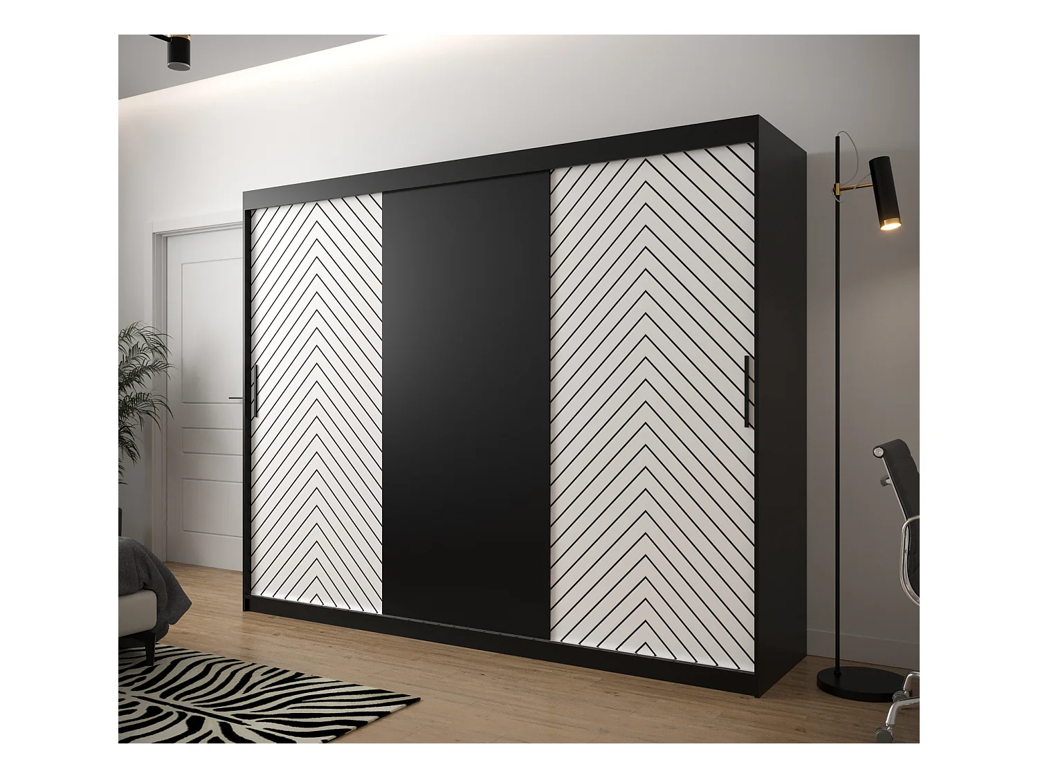 Armoire à portes coulissantes Jodełka 200/250/62 3 portes (Noir/Blanc)