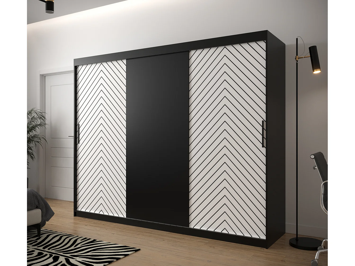 Armoire à portes coulissantes Jodełka 200/250/62 3 portes (Noir/Blanc)