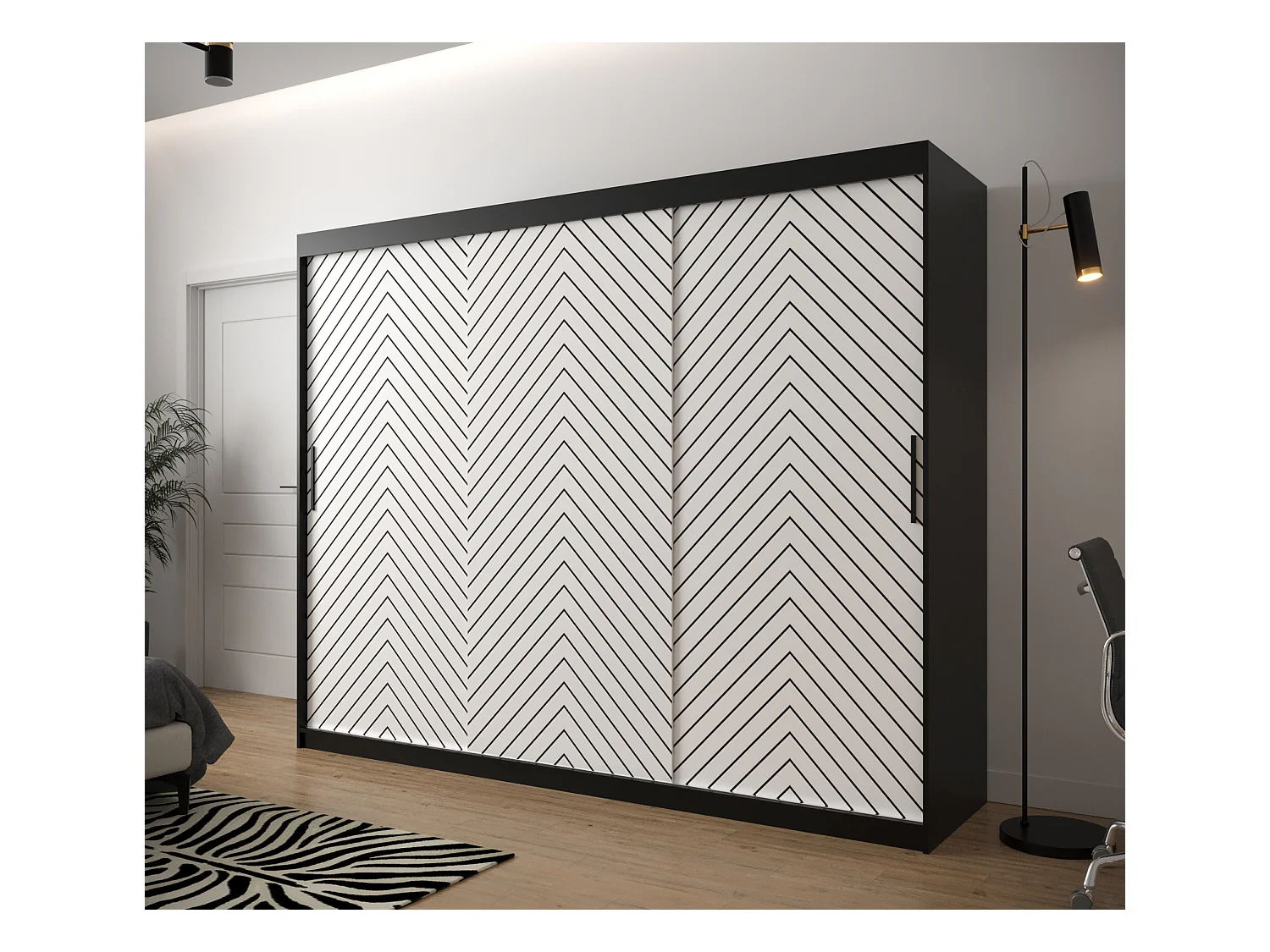 Armoire à portes coulissantes Jodełka 1 200/250/62 3 portes (Noir/Blanc)