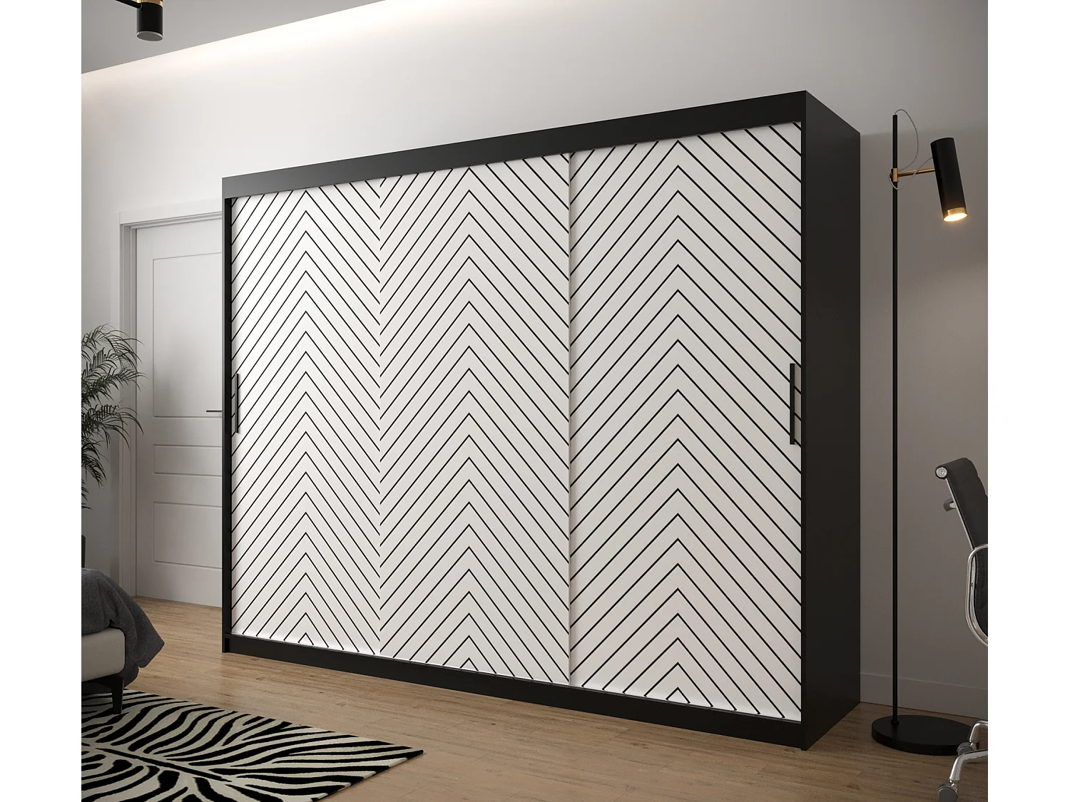 Armoire à portes coulissantes Jodełka 1 200/250/62 3 portes (Noir/Blanc)