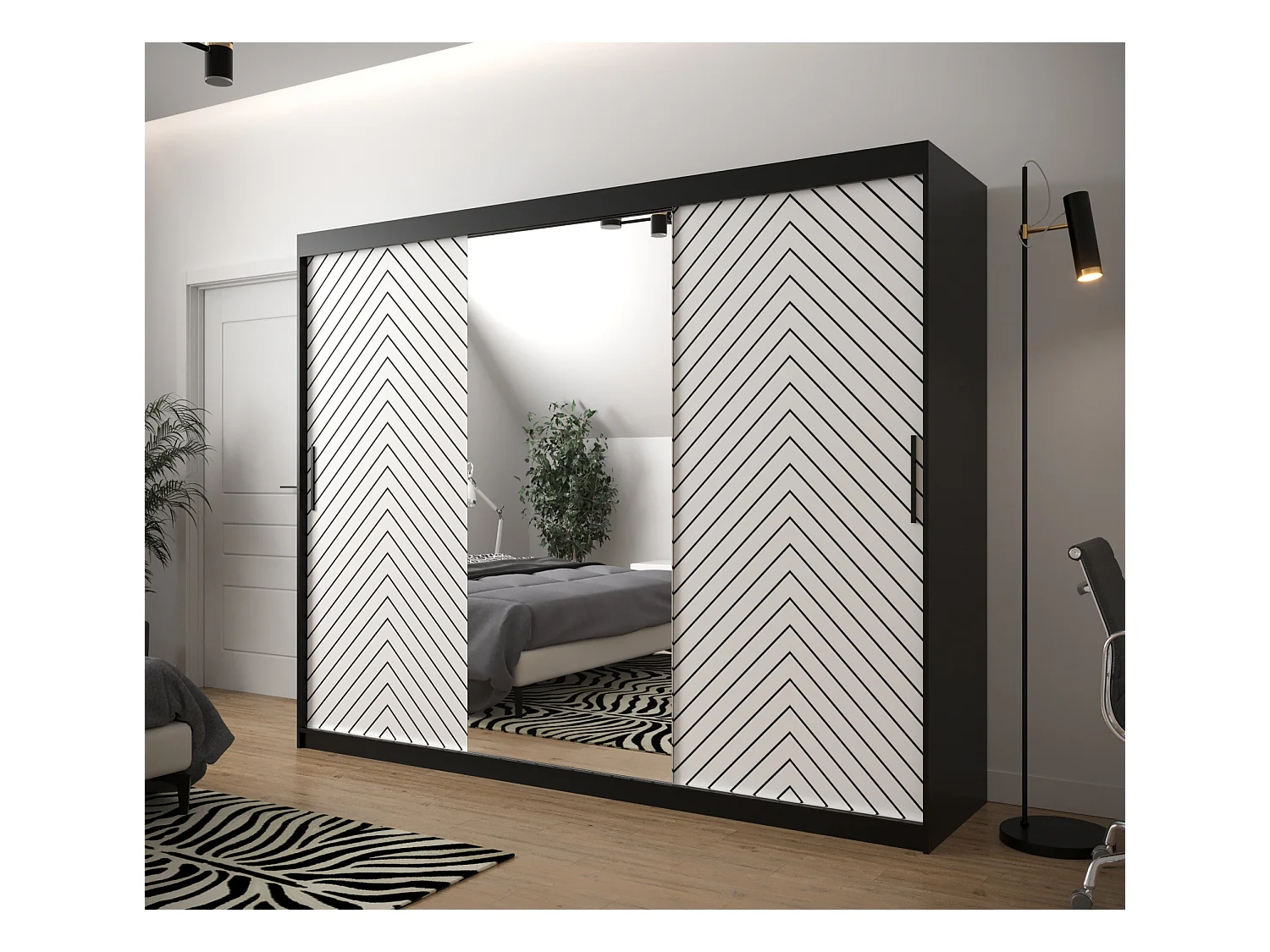 Schuifdeurkast Jodełka 2 200/250/62 3 deuren (Zwart/Wit)