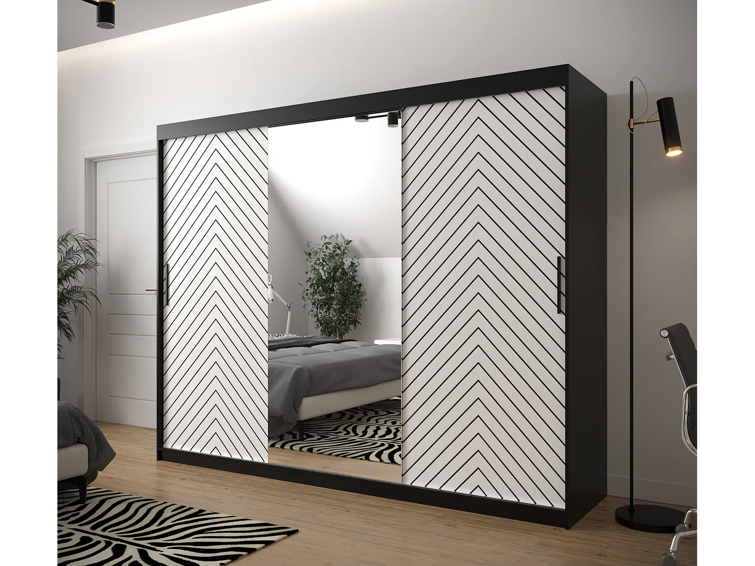 Schuifdeurkast Jodełka 2 200/250/62 3 deuren (Zwart/Wit)