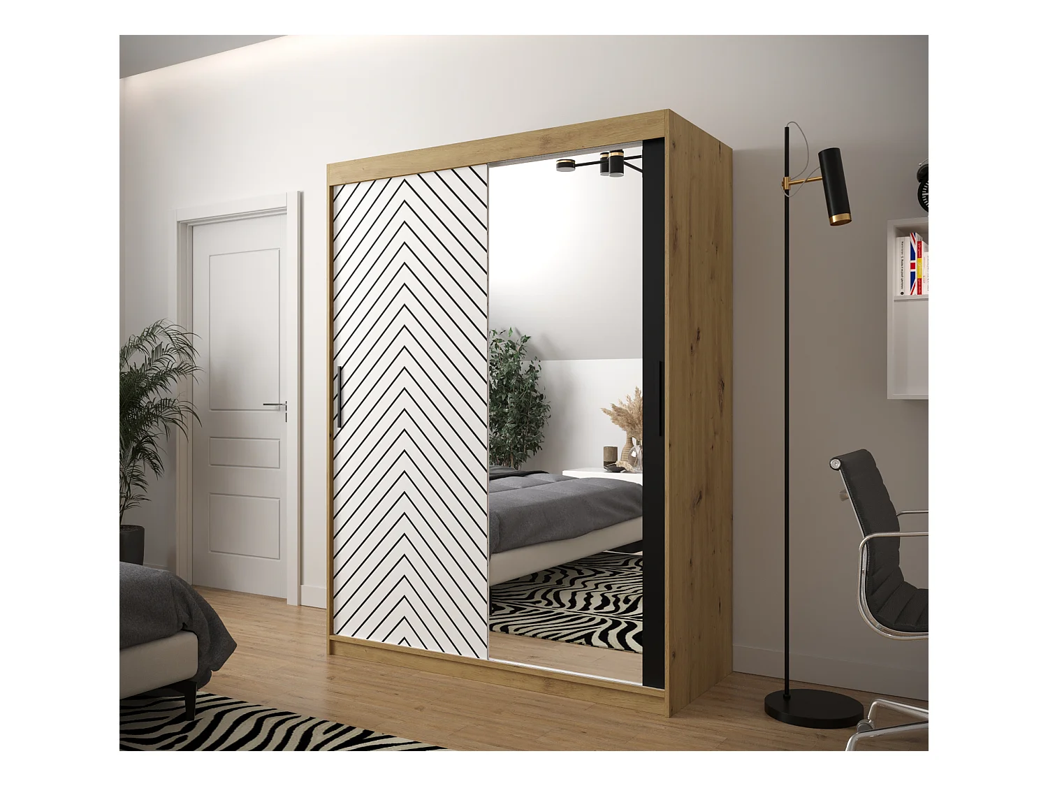 Schwebetürenschrank Jodełka 2 200/150/62 2-Türig (Artisan/Weiß)