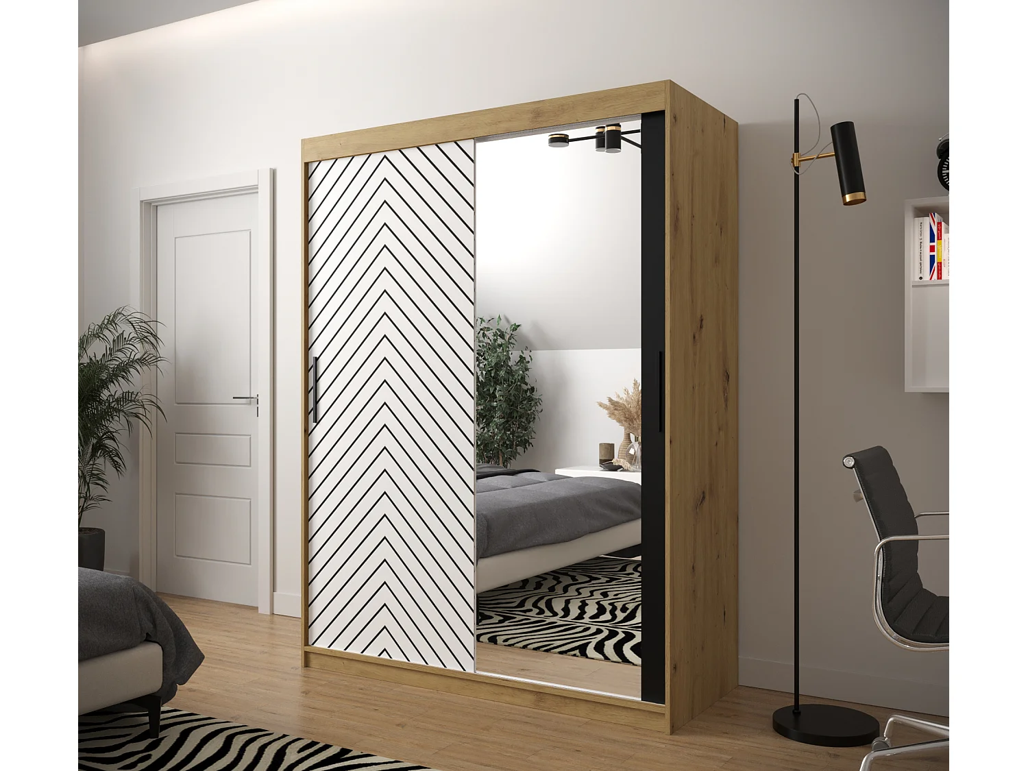 Schwebetürenschrank Jodełka 2 200/150/62 2-Türig (Artisan/Weiß)