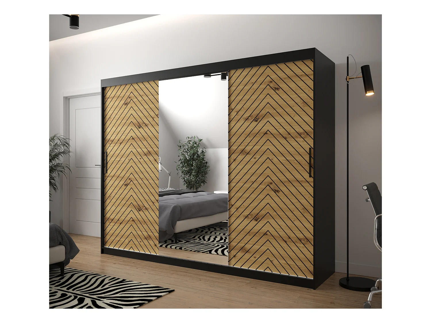 Armoire à portes coulissantes Jodełka 2 200/250/62 3 portes (Noir/Artisan)