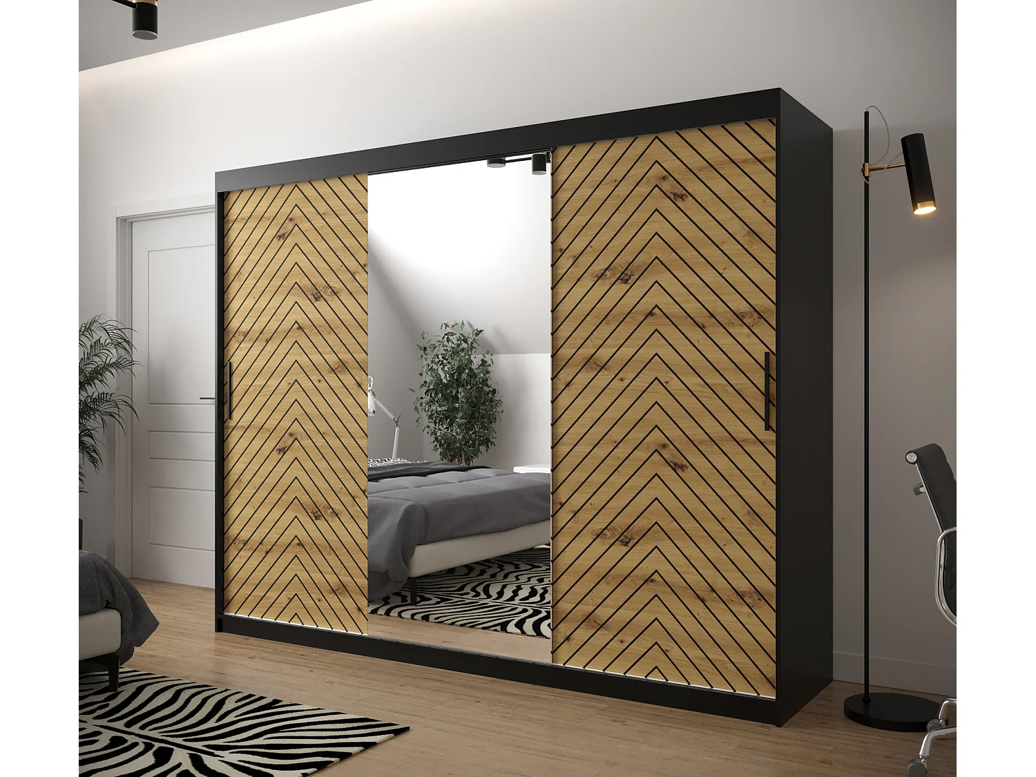 Schuifdeurkast Jodełka 2 200/250/62 3 deuren (Zwart/Artisan)