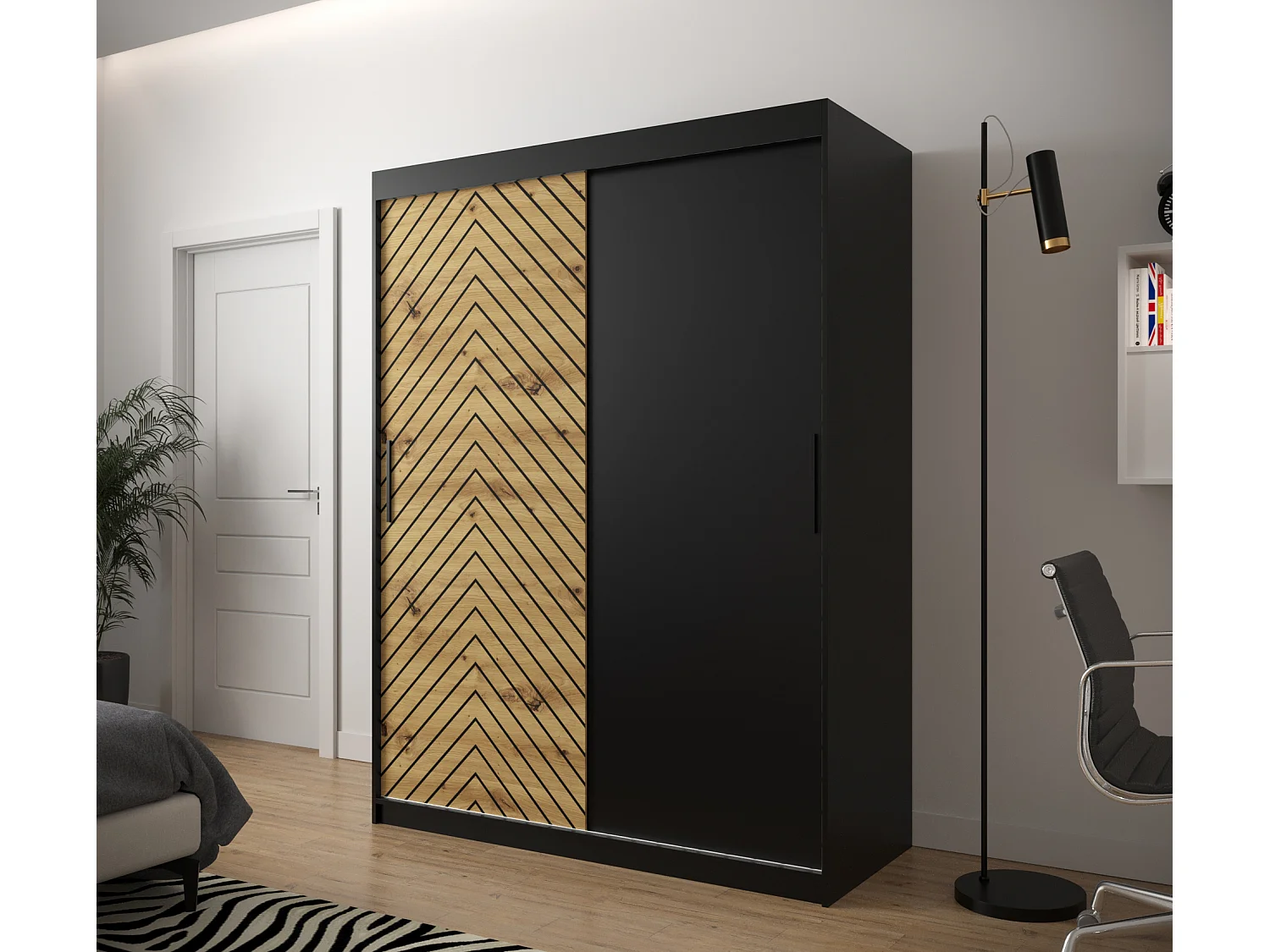 Armoire à portes coulissantes Jodełka 200/150/62 2 portes (Noir/Artisan)