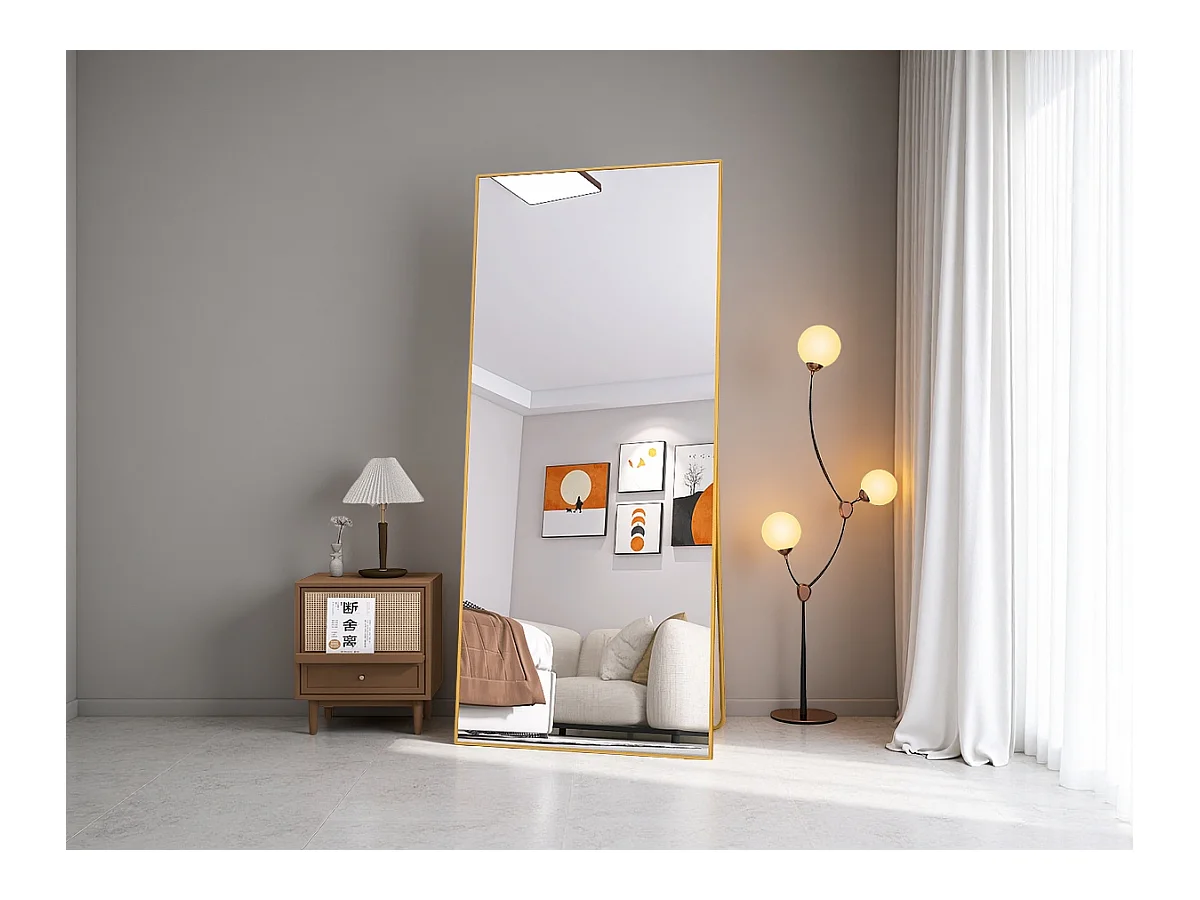 Miroir de maquillage rectangulaire en verre trempé, cadre en aluminium doré, 1800x800 mm, design moderne et élégant