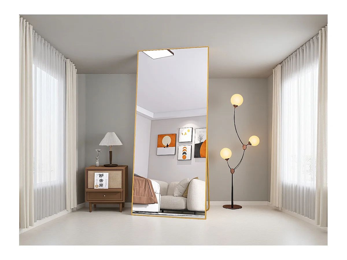 Miroir de maquillage rectangulaire en verre trempé, cadre en aluminium doré, 1800x800 mm, design moderne et élégant